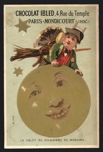Sammelbild Mondicourt, Chocolat Ibled, Kind mit Besen sitzt auf dem Mond