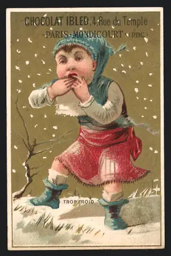 Sammelbild Mondicourt, Chocolat Ibled, Kind in winterlicher Landschaft
