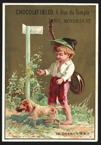 Sammelbild Mondicourt, Chocolat Ibled, Kind mit Laute geht mit einem Hund spazieren