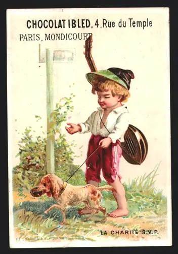 Sammelbild Mondicourt, Chocolat Ibled, Kind mit Laute geht mit einem Hund spazieren