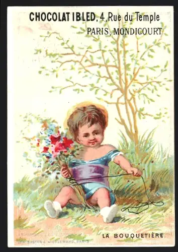 Sammelbild Mondicourt, Chocolat Ibled, Kind bindet einen Strauss Blumen