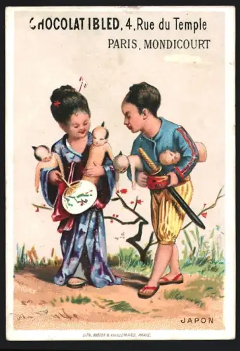 Sammelbild Mondicourt, Chocolat Ibled, Geisha mit Fächer und Samurai