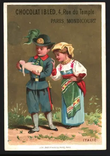 Sammelbild Mondicourt, Chocolat Ibled, Zwei Menschen in italienischer Tracht