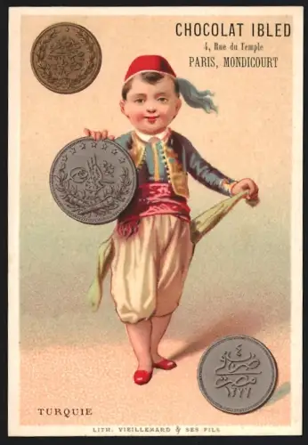 Sammelbild Mondicourt, Chocolat Ibled, Kind in türkischer Tracht mit Fez
