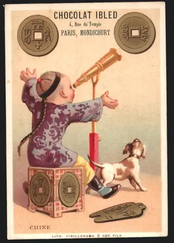 Sammelbild Mondicourt, Chocolat Ibled, Kind mit Hund an einem Fernrohr