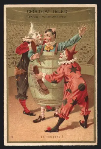Sammelbild Mondicourt, Chocolat Ibled, Clowns mit einem grossen Fass