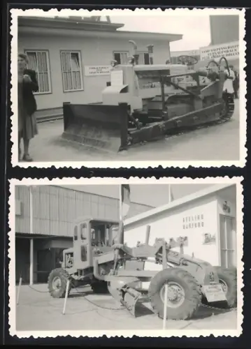 2 Fotografien Messe - Leipzig, Baumaschinen Strassenplanierer Aveling - Barford & Famo Raupenschlepper / Planierraupe