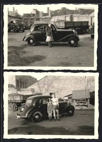 2 Fotografien Auto Mercedes Benz 170er, Dame und Knaben neben PKW, Ruinen im Hintergrund