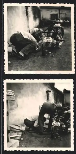 2 Fotografien Motorrad BMW, Männer beheben eine Reifenpanne