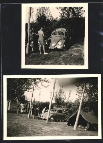 2 Fotografien Auto Volkswagen VW Käfer mit Dachgepäckträger auf einem Campingplatz