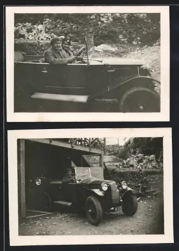 2 Fotografien Auto Tatra, Paar mit Cabrio am Bärenkogel 1933