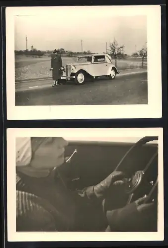 2 Fotografien Auto Adler Cabrio, Dame vor PKW stehend & junge Frau am Steuer