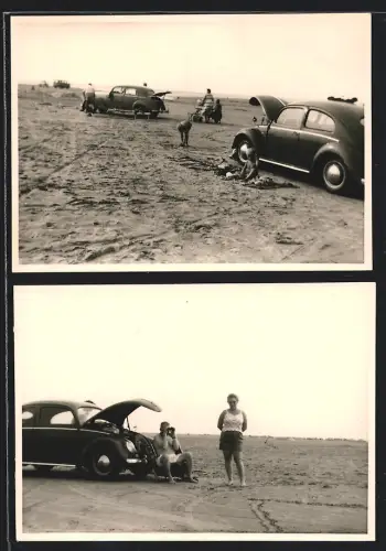 2 Fotografien Auto Volkswagen VW Käfer, Strandurlaub mit PKW