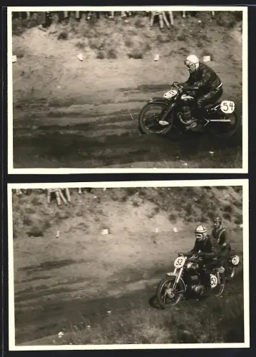 2 Fotografien Motorrad NSU-GS, Geländerennen, Rennmotorrad Startnummer 54, 52 & 61
