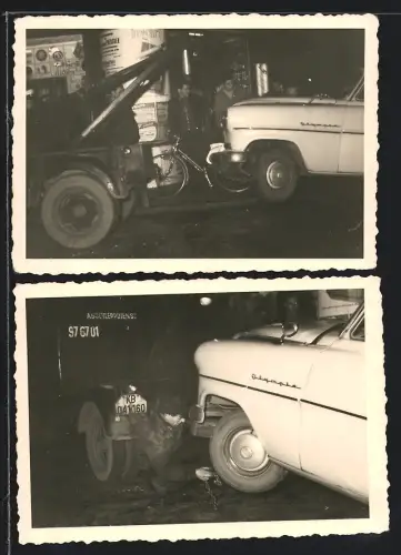 2 Fotografien Auto Opel Olympia, PKW wird von Lastwagen Berliner Abschleppdienst abgeschleppt