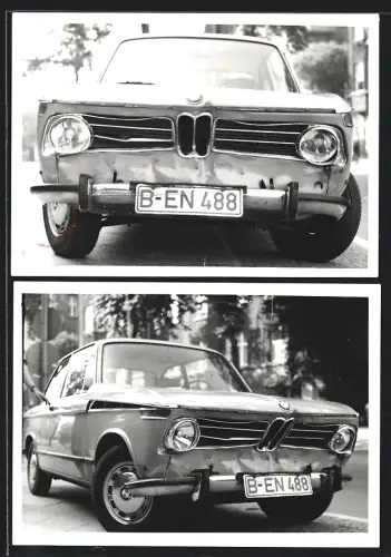2 Fotografien Auto BMW 02, Coupe - Sportwagen, Unfallwagen mit Frontschaden & Kennzeichen Berlin