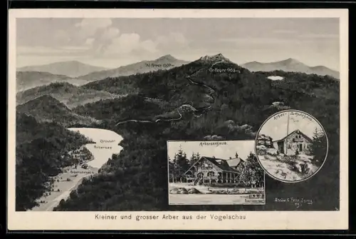 Künstler-AK Eugen Felle: Bayerisch Eisenstein, Gesamtansicht mit Umgebung, Arberseehaus u. Arber-Schutzhaus