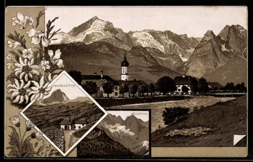 Lithographie Partenkirchen, Ortsansicht gegen das Gebirge, Höllenthal, Knorrhütte