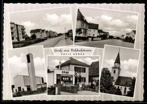 AK Bischofsheim /Hanau, Spar-Geschäft, Dina Lapp, Bahnhofstrasse 4, Strassenpartie mit Wohnhäusern, Ansicht der Kirche