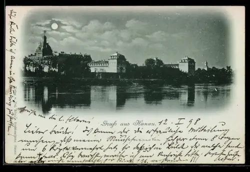 Mondschein-AK Hanau, Teilansicht der Stadt mit Main im Vordergrund
