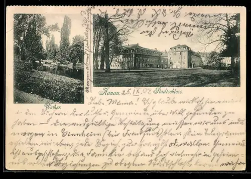 AK Hanau, Ansicht vom Stadtschloss, Weiher im Park