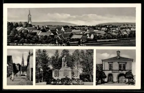 AK Steinbockenheim /Rheinh., Ortsansicht mit Kirche, Kriegerdenkmal