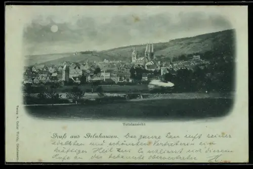 Mondschein-AK Gelnhausen, Totalansicht des Ortes mit Kirche