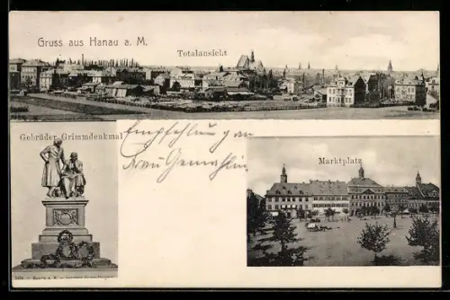 AK Hanau a. M., Gebrüder Grimmdenkmal, Marktplatz, Totalansicht der Stadt