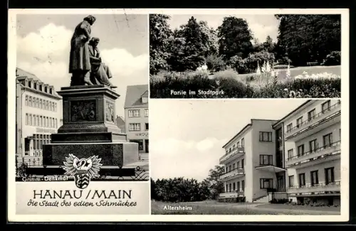 AK Hanau /Main, Grimm-Denkmal, Partie im Stadtpark, Altersheim