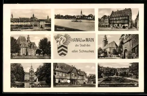 AK Hanau, Niederländische Wallonische Kirche, Marktplatz, An der Johanniskirche, Stadtschloss, Altes Münzhaus, Wappen