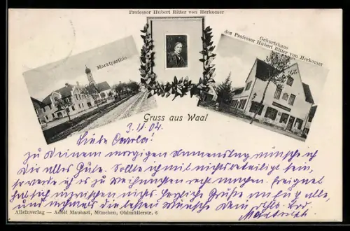 AK Waal, Marktplatz, Geburtshaus Professor Hubert Ritter von Herkomer