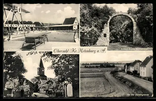 AK Obersuhl /Rotenburg, Schwimmbad, Schloss-Ruine Blumenstein, Kirche, an der Zonengrenze