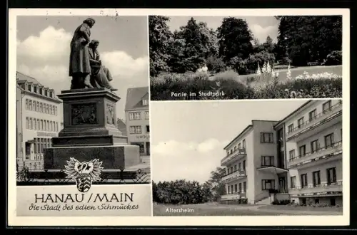 AK Hanau /Main, Brüder-Grimm-Denkmal, Partie im Stadtpark, Altersheim