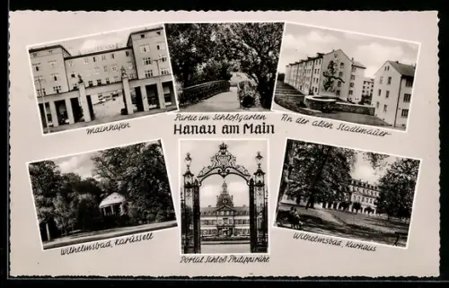 AK Hanau am Main, Mainhafen, Portal Schloss Philippsruhe, Wilhelmsbad Kurhaus