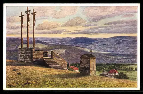 Künstler-AK sign. K. Lindegreen: Kreuzberg /Rhön, Kreuzigungsgruppe, Kloster, Landschaft