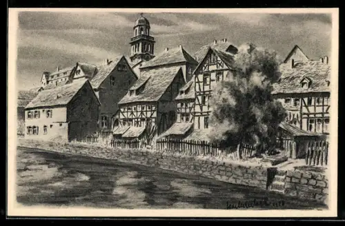 Künstler-AK sign. K. Winkel: Lauterbach /H., Fachwerkhäuser am Fluss, Kirchturm