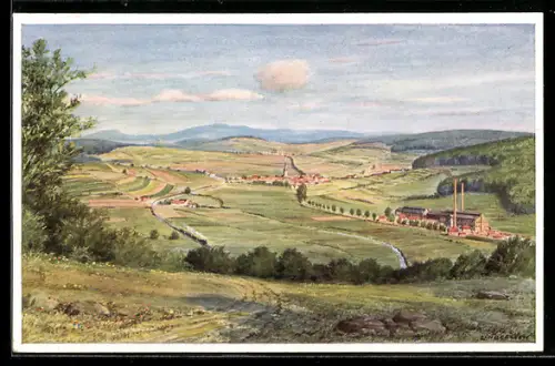 Künstler-AK Angersbach, Blick auf Ort und Rhöngebirge
