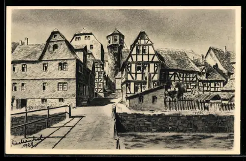 Künstler-AK sign. K. Winkel: Lauterbach /H., Ankerturm, Fachwerkhäuser