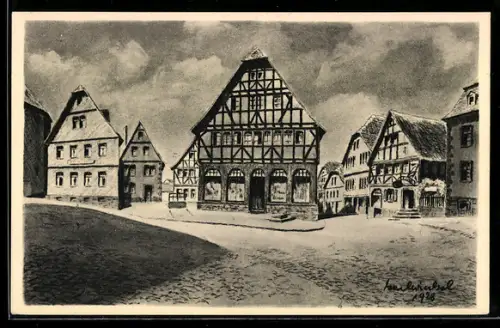 Künstler-AK sign. K. Winkel: Lauterbach /H., Hohbrücke, Fachwerkhäuser