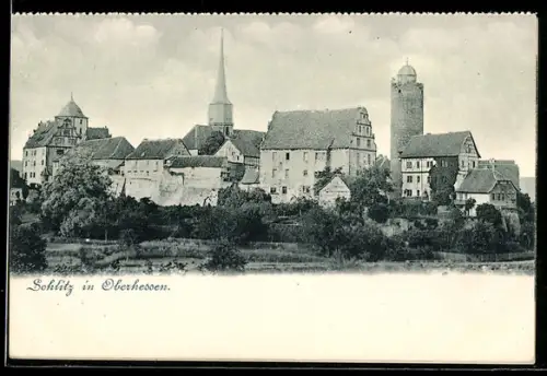 AK Schlitz /Oberhessen, Ortsansicht mit Kirche und Burgturm