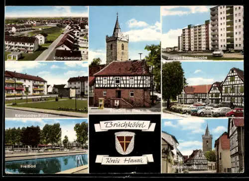 AK Bruchköbel /Hanau, Rathaus, Hauptstrasse, Freibad, Kirle-Siedlung, Karlsbader Platz