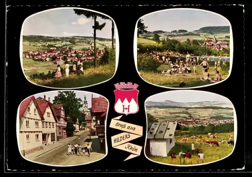 AK Hilders /Rhön, Ortsansicht, Kirche, Freibad, Viehweide