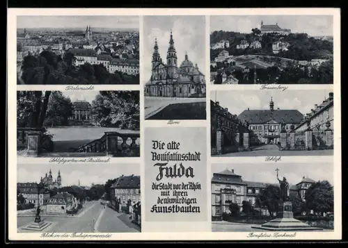 AK Fulda, Dom, Schloss, Schlossgarten mit Stadtsaal, Frauenberg, Bonifatius-Denkmal