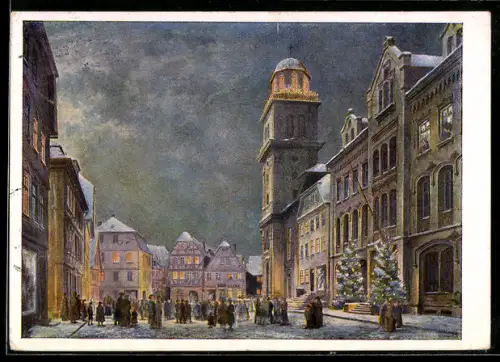 AK Lauterbach /Hessen, Weihnachtsabend am Marktplatz mit Stadtkirche und festlich geschmückten Häusern