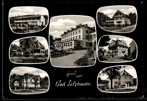 AK Bad Salzhausen, Kurhotel Sachs, Hotel Tannenhof, Haus Wiesenaue, Kurheim Eva, Hotel Hessischer Hof