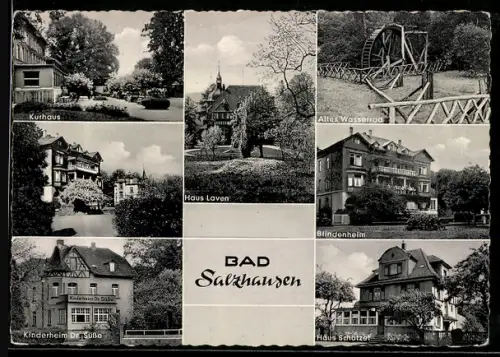 AK Bad Salzhausen, Kurhaus, Altes Wasserrad, Kinderheim Dr. Süsse, Blindenheim, Haus Laven