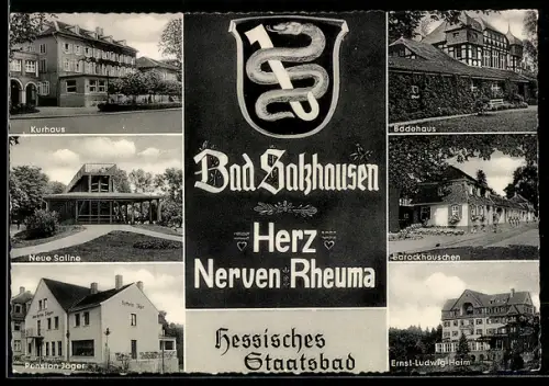AK Bad Salzhausen, Pension Jäger, Kurhaus, Badehaus, Neue Saline, Ernst-Ludwig-Heim, Barockhäuschen