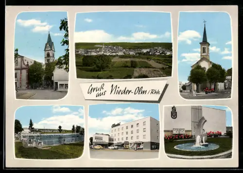 AK Nieder-Olm /Rhh., Kirche, Schwimmbad, Brunnen
