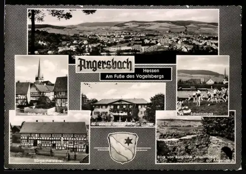 AK Angersbach /Hessen, Blick zur Kirche, Schwimmbad, Bürermeisterei, Burgruine Wartenbach
