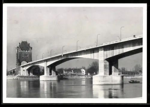 AK Worms, Nibelungenbrücke über den Rhein mit Brückenturm